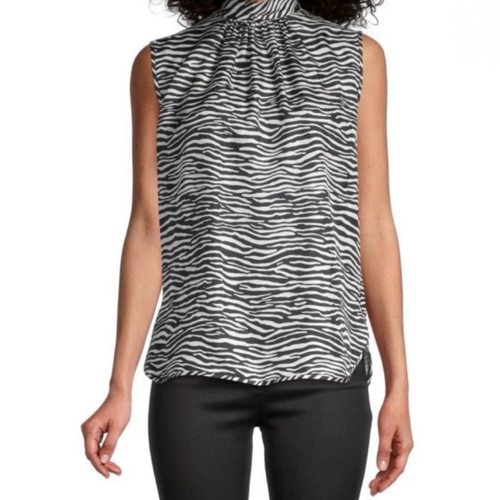 MaxMara Black and White Sleeveless Zebra Blouse with Mandarin Collar